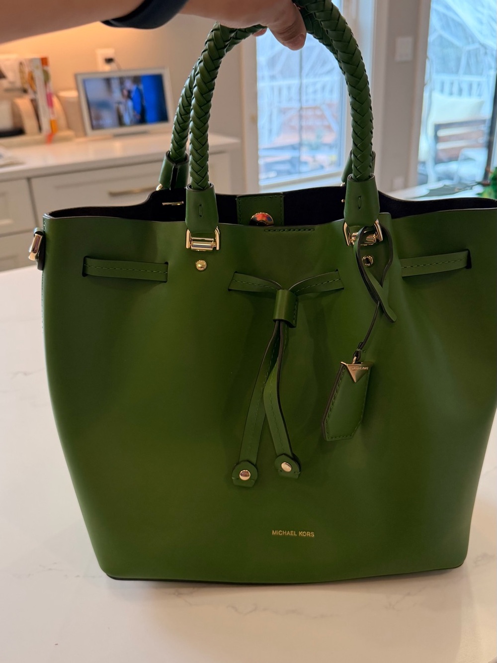 Michael Kors Green Braided-Handle Leather Tote with Drawstring